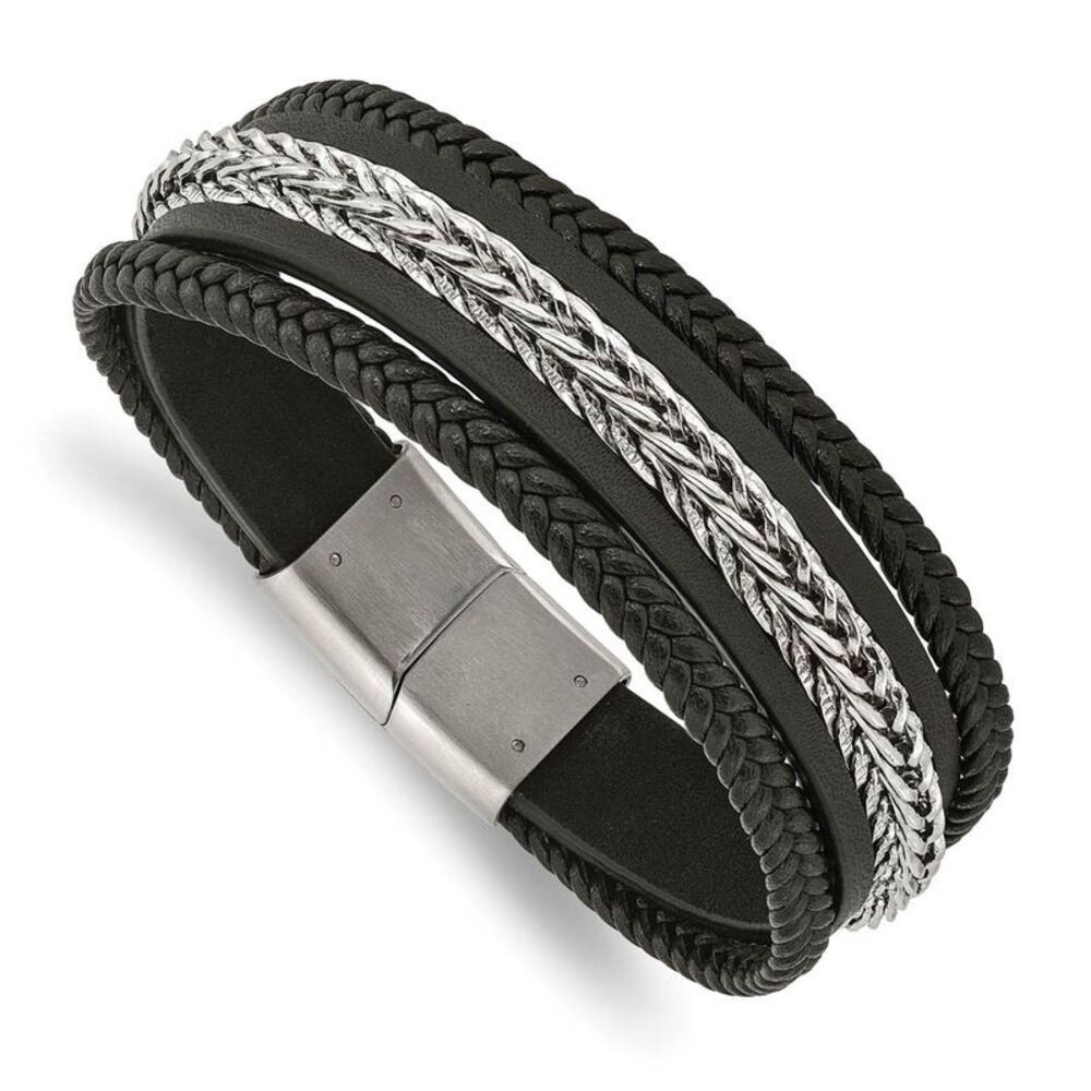 23mm Stainless Steel & Black Leather Multi Strand Bracelet, 8.5 Inch